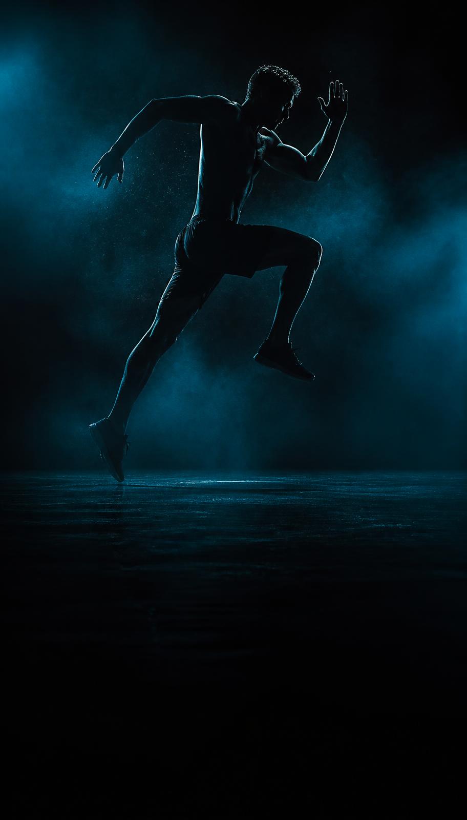 Athlete driving forward through teal light in a performance studio