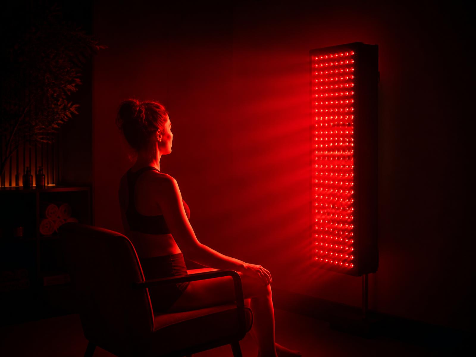 Red light therapy panel glowing in a dark recovery room
